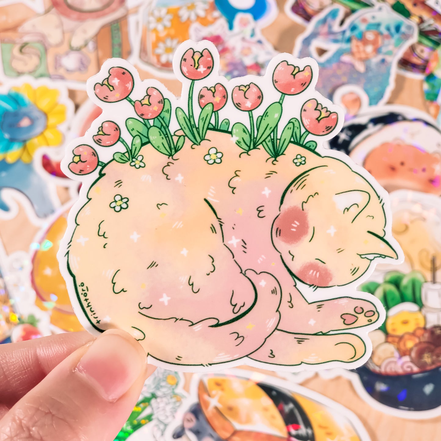 Tabby cat nap holographic sticker