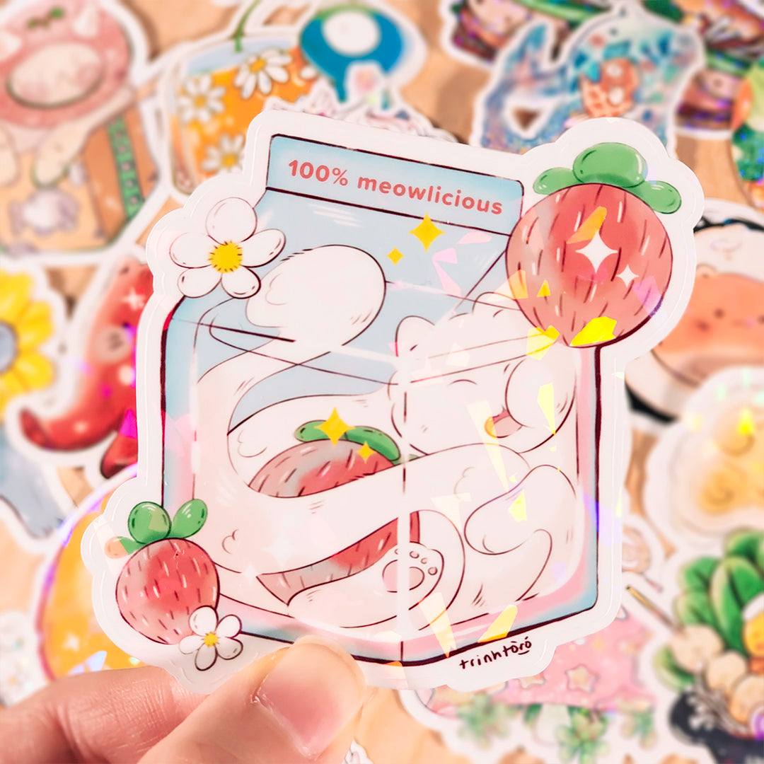 Cat in strawberry milk carton holographic sticker