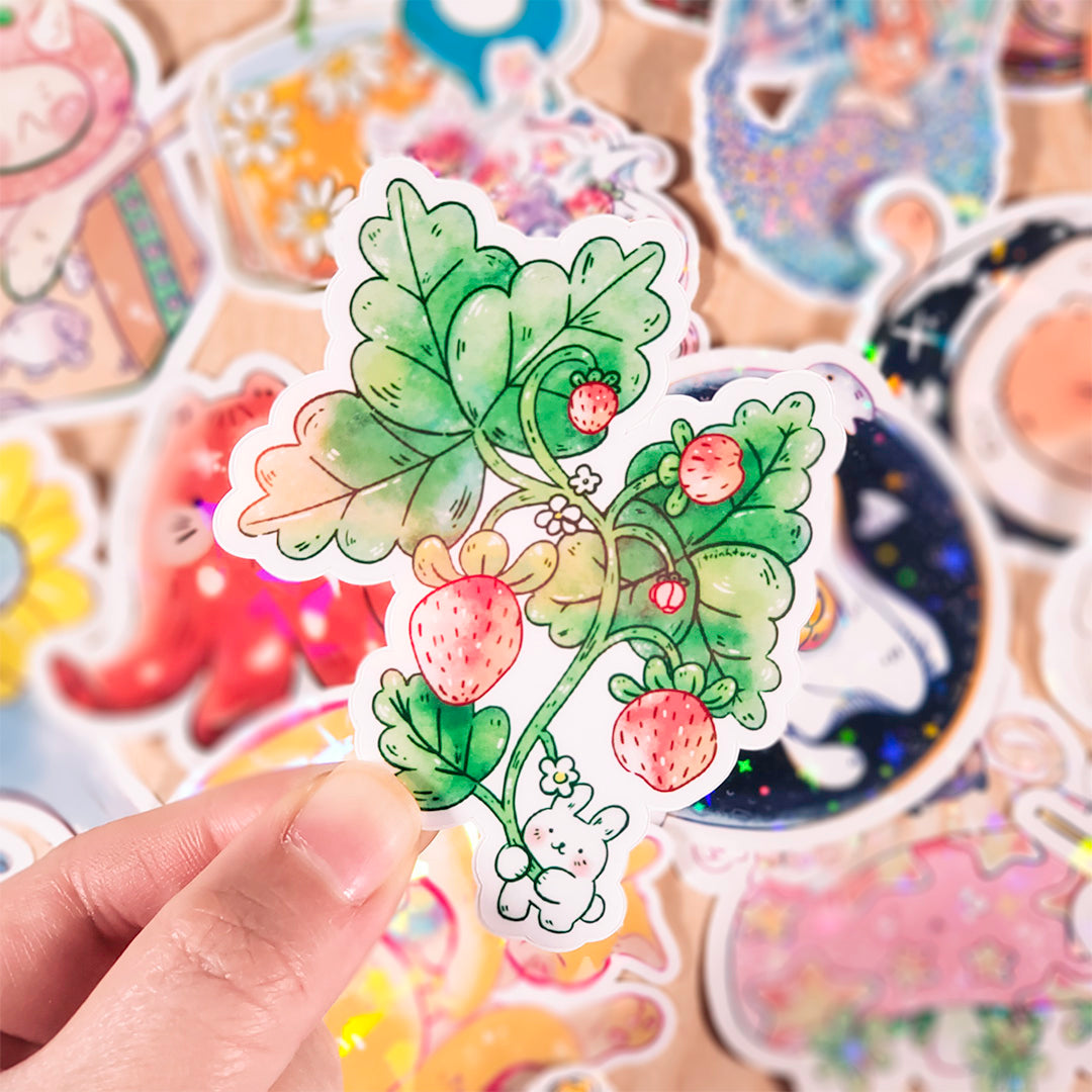 Strawberry picking holographic sticker