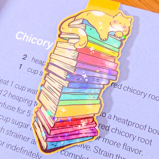 Cute magnetic bookmark of colorful book stack with cat