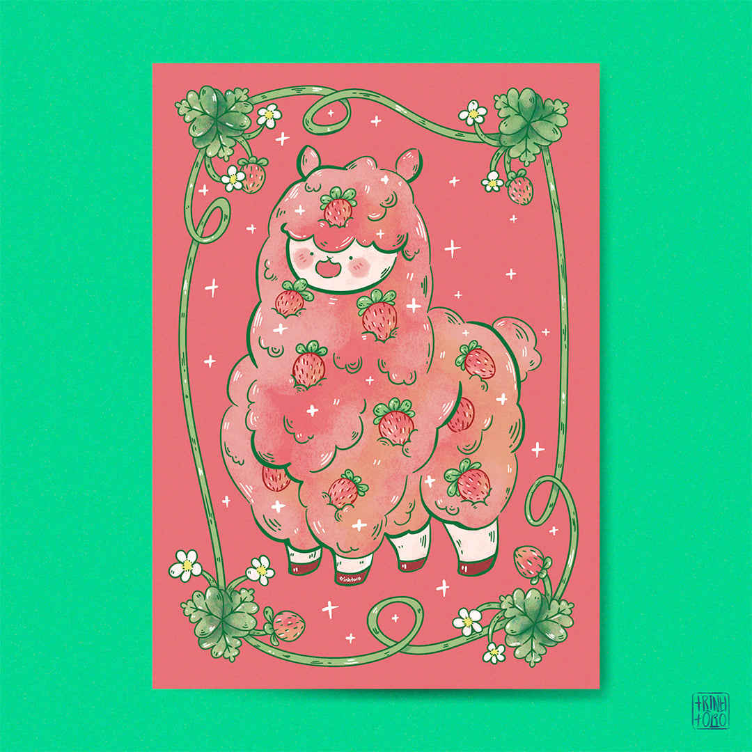 Adorable alpaca with fresh strawberries art print