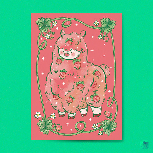 Adorable alpaca with fresh strawberries art print