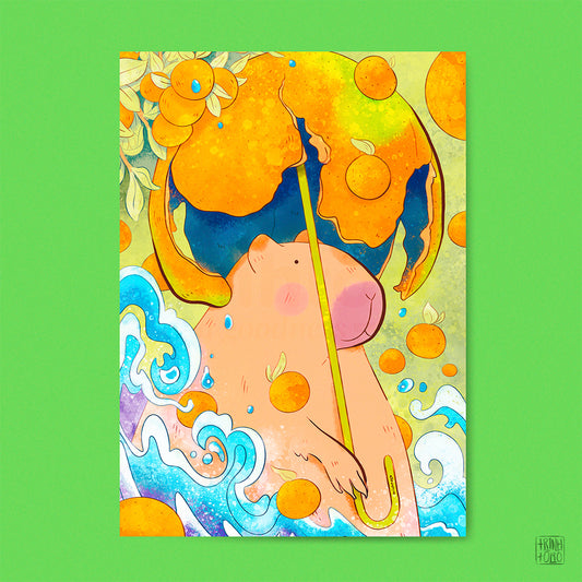Capybara holding an orange peel umbrella art print