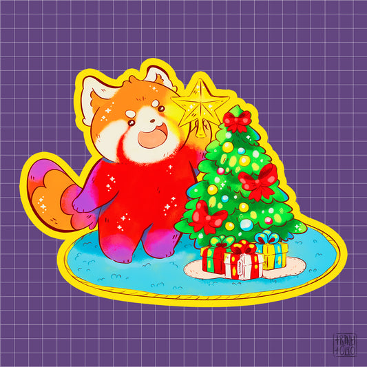 Holographic Red Panda Christmas Tree Sticker – A Sparkling Holiday Touch
